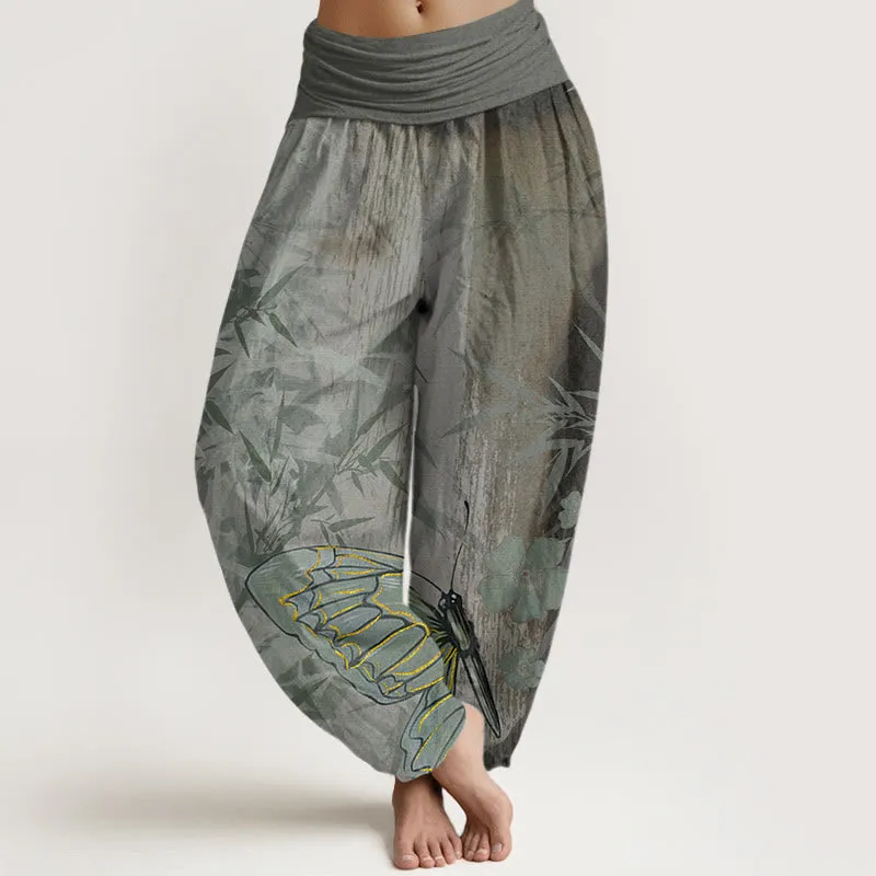 Buddha Stones Butterfly Bamboo Flower Pattern Women's Elastic Waist Harem Pants