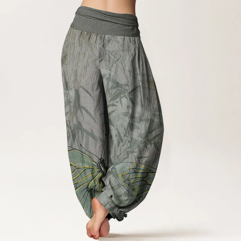 Buddha Stones Butterfly Bamboo Flower Pattern Women's Elastic Waist Harem Pants