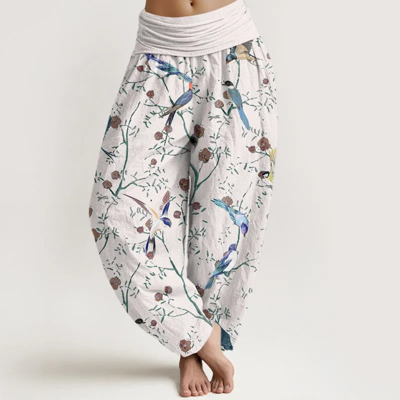 Buddha Stones Casual Bird Flowers Leaf Pattern Women's Elastic Waist Harem Pants