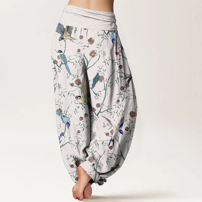 Buddha Stones Casual Bird Flowers Leaf Pattern Women's Elastic Waist Harem Pants