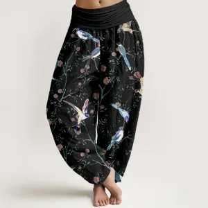 Buddha Stones Casual Bird Flowers Leaf Pattern Women's Elastic Waist Harem Pants