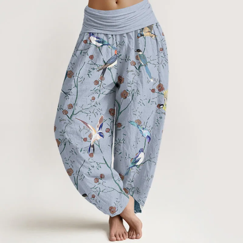 Buddha Stones Casual Bird Flowers Leaf Pattern Women's Elastic Waist Harem Pants