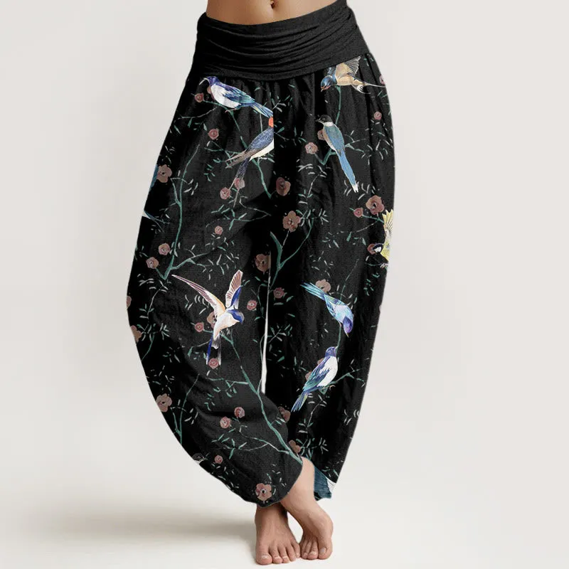 Buddha Stones Casual Bird Flowers Leaf Pattern Women's Elastic Waist Harem Pants