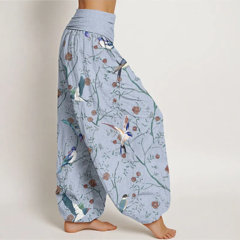 Buddha Stones Casual Bird Flowers Leaf Pattern Women's Elastic Waist Harem Pants