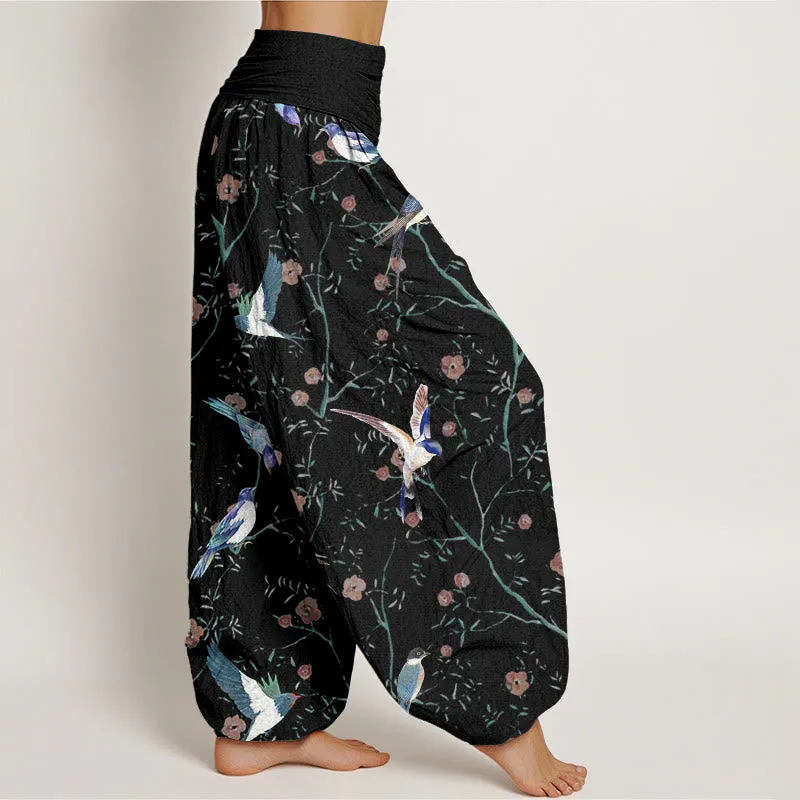 Buddha Stones Casual Bird Flowers Leaf Pattern Women's Elastic Waist Harem Pants