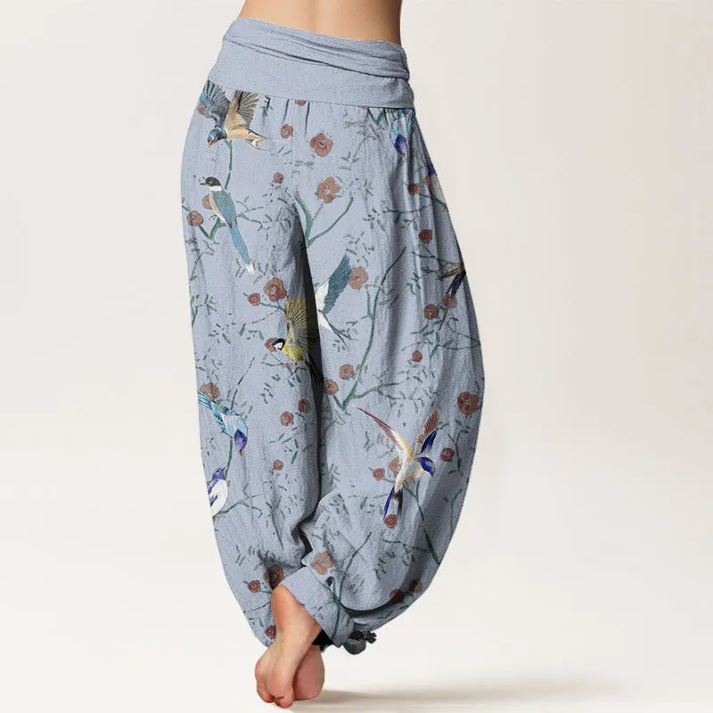 Buddha Stones Casual Bird Flowers Leaf Pattern Women's Elastic Waist Harem Pants