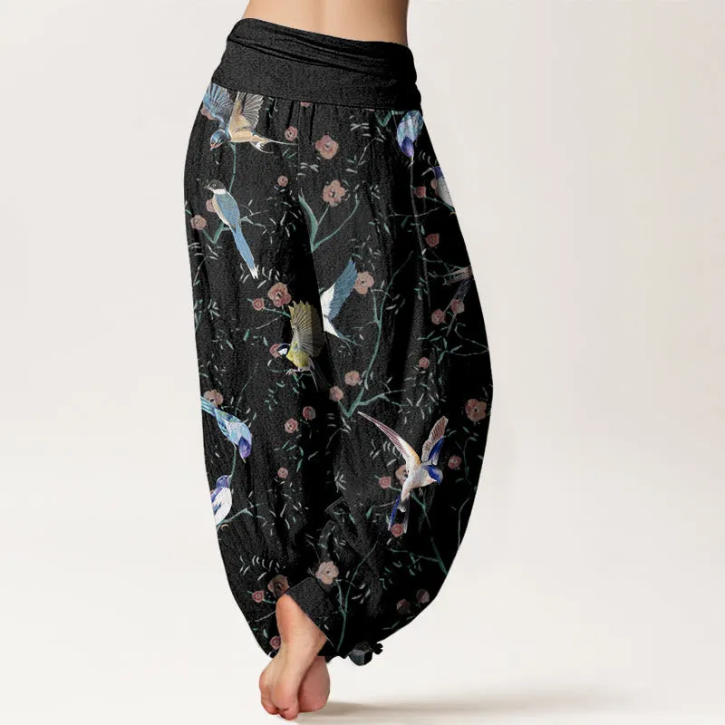 Buddha Stones Casual Bird Flowers Leaf Pattern Women's Elastic Waist Harem Pants