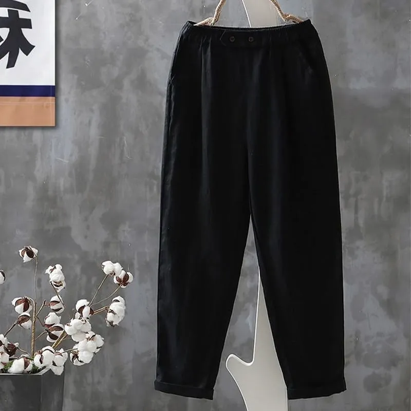 Buddha Stones Casual Button Cotton Linen Women's Harem Pants With Pockets