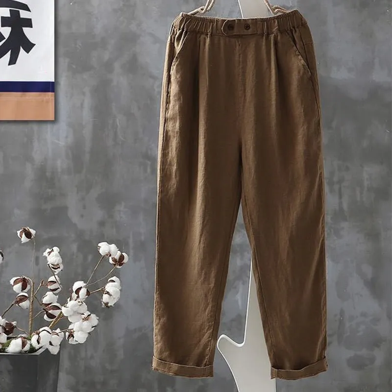 Buddha Stones Casual Button Cotton Linen Women's Harem Pants With Pockets