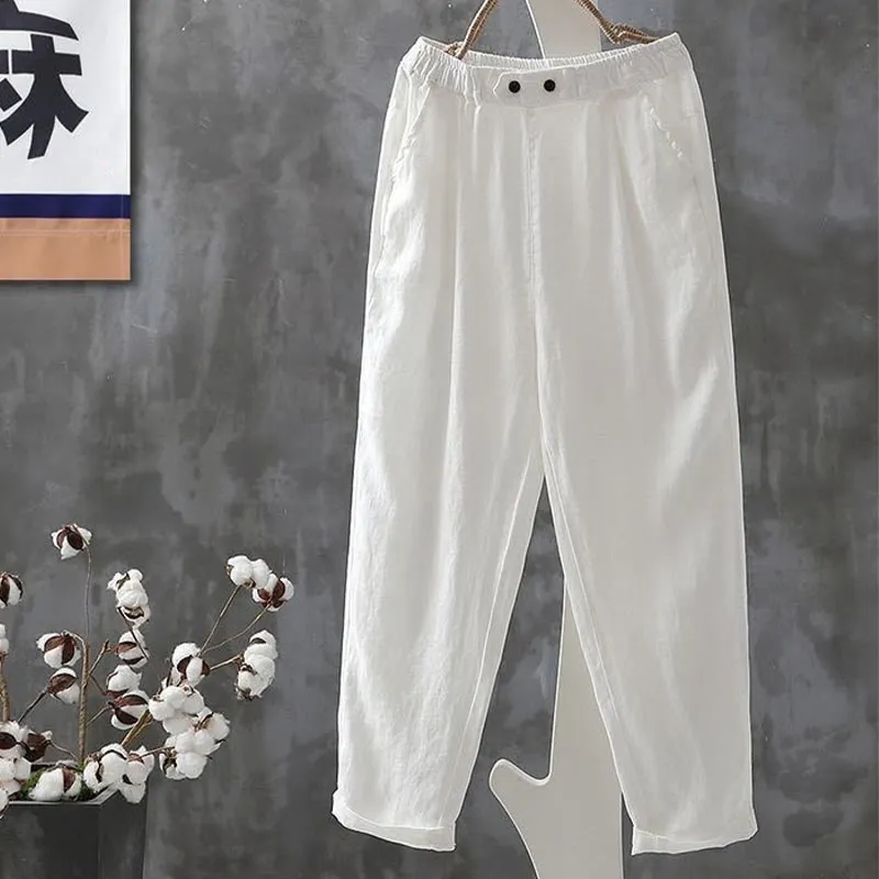 Buddha Stones Casual Button Cotton Linen Women's Harem Pants With Pockets