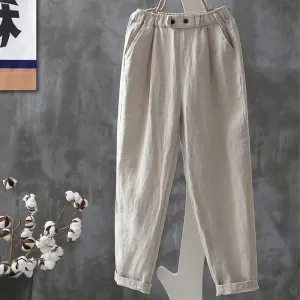 Buddha Stones Casual Button Cotton Linen Women's Harem Pants With Pockets