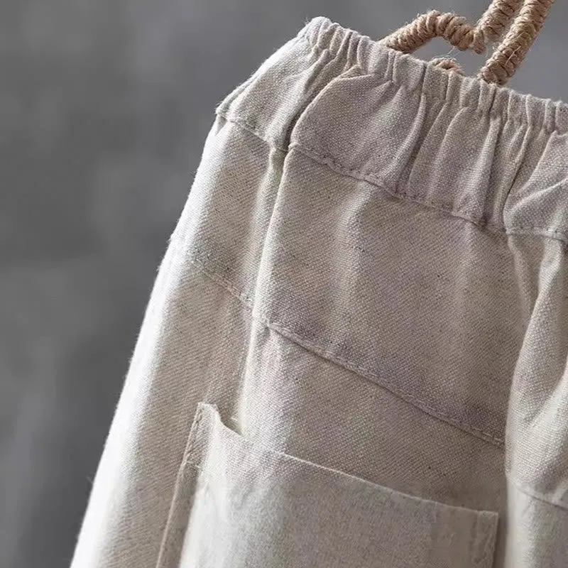 Buddha Stones Casual Button Cotton Linen Women's Harem Pants With Pockets