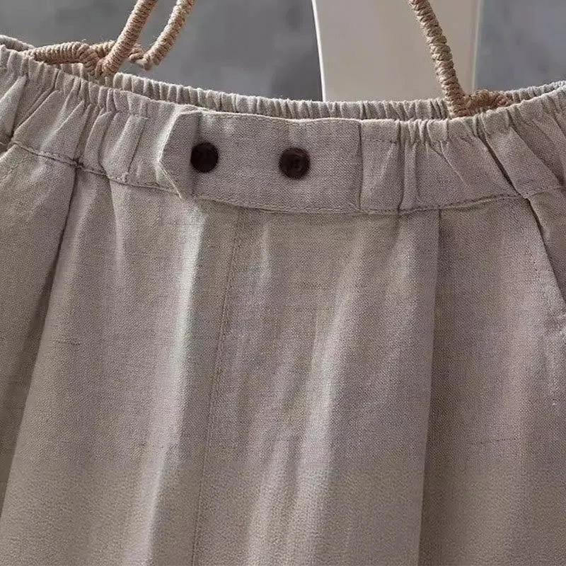 Buddha Stones Casual Button Cotton Linen Women's Harem Pants With Pockets