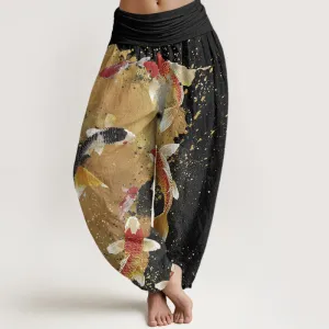 Buddha Stones Casual Koi Fish Gold Ink Background Pattern Women's Elastic Waist Harem Pants