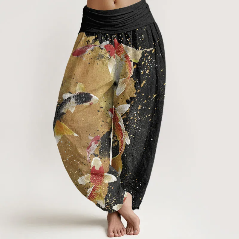 Buddha Stones Casual Koi Fish Gold Ink Background Pattern Women's Elastic Waist Harem Pants