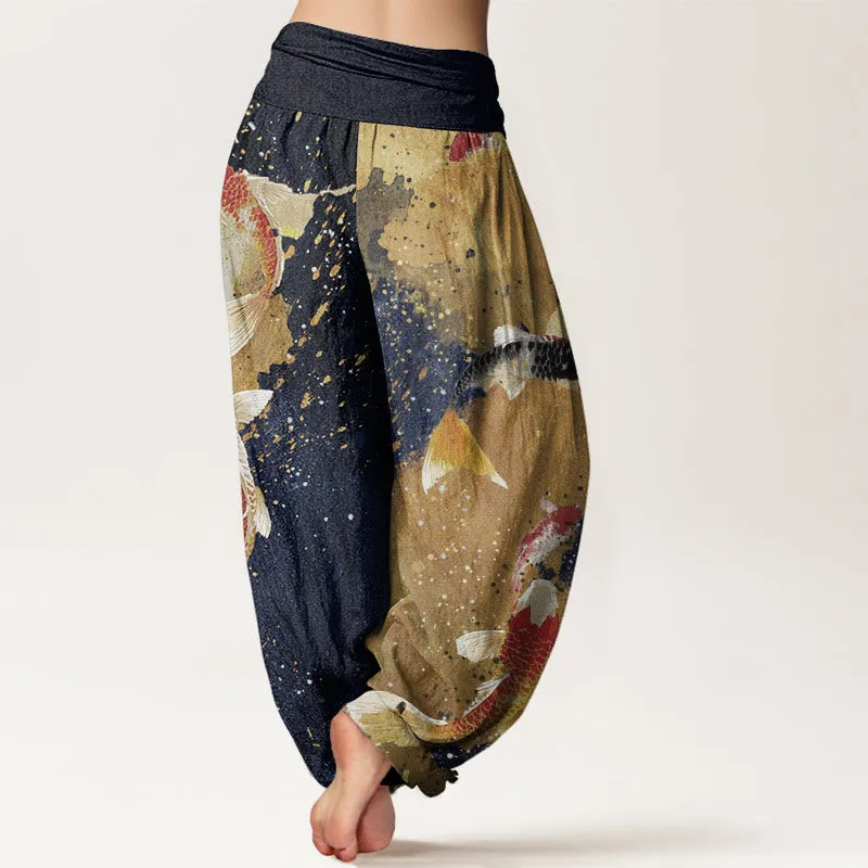 Buddha Stones Casual Koi Fish Gold Ink Background Pattern Women's Elastic Waist Harem Pants