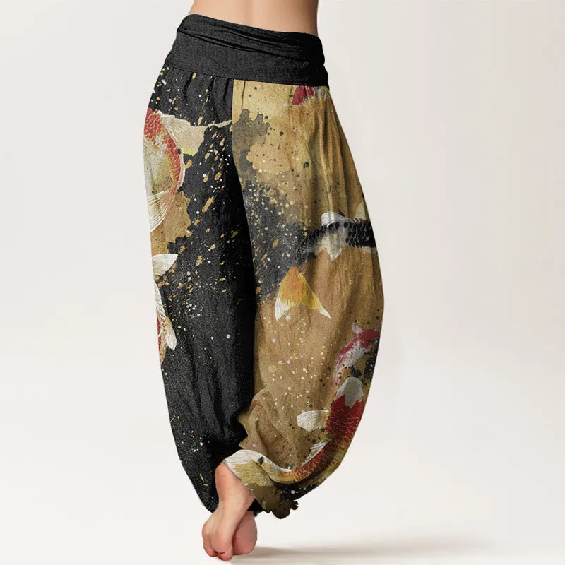 Buddha Stones Casual Koi Fish Gold Ink Background Pattern Women's Elastic Waist Harem Pants