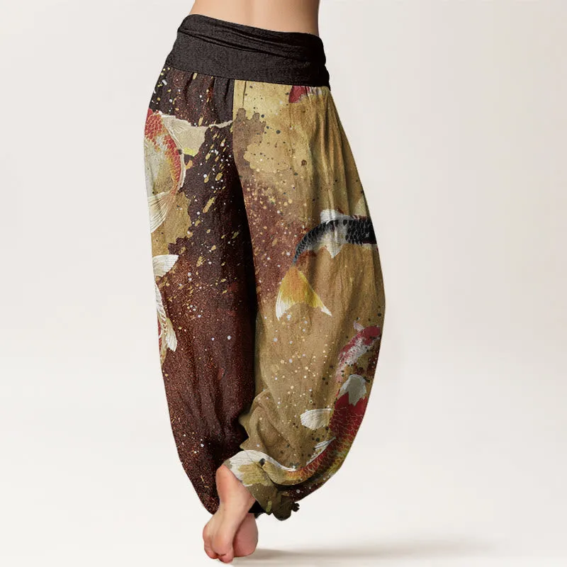 Buddha Stones Casual Koi Fish Gold Ink Background Pattern Women's Elastic Waist Harem Pants