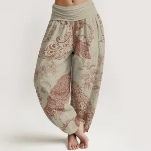 Buddha Stones Casual Peacock Peony Flower Women's Elastic Waist Harem Pants
