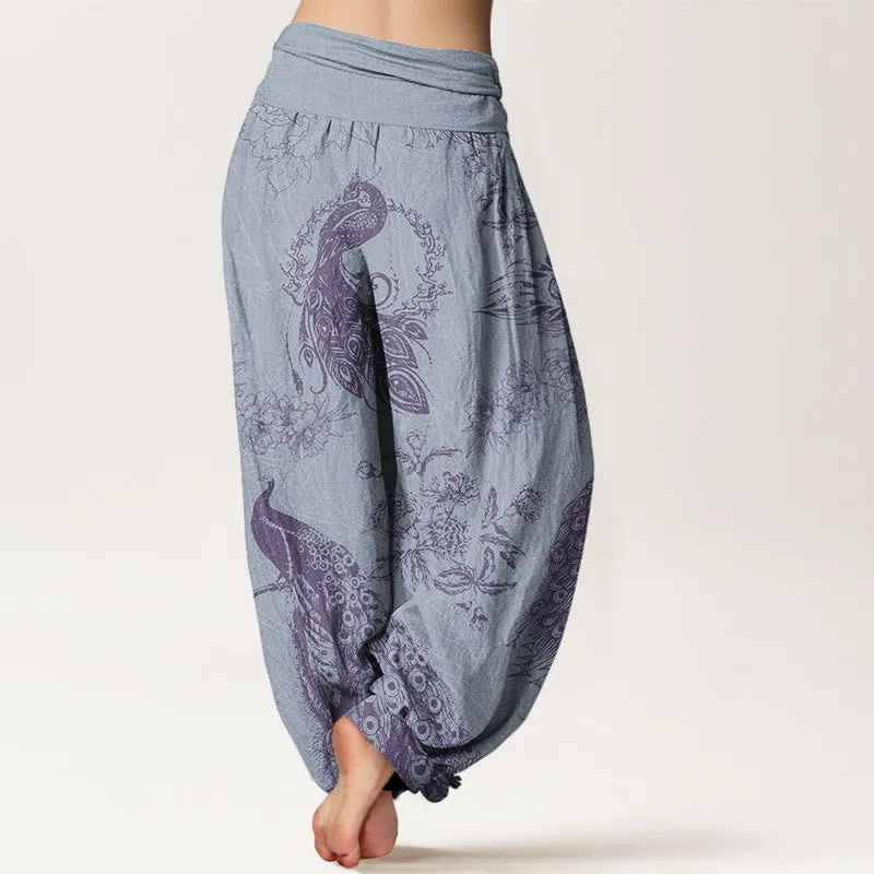 Buddha Stones Casual Peacock Peony Flower Women's Elastic Waist Harem Pants