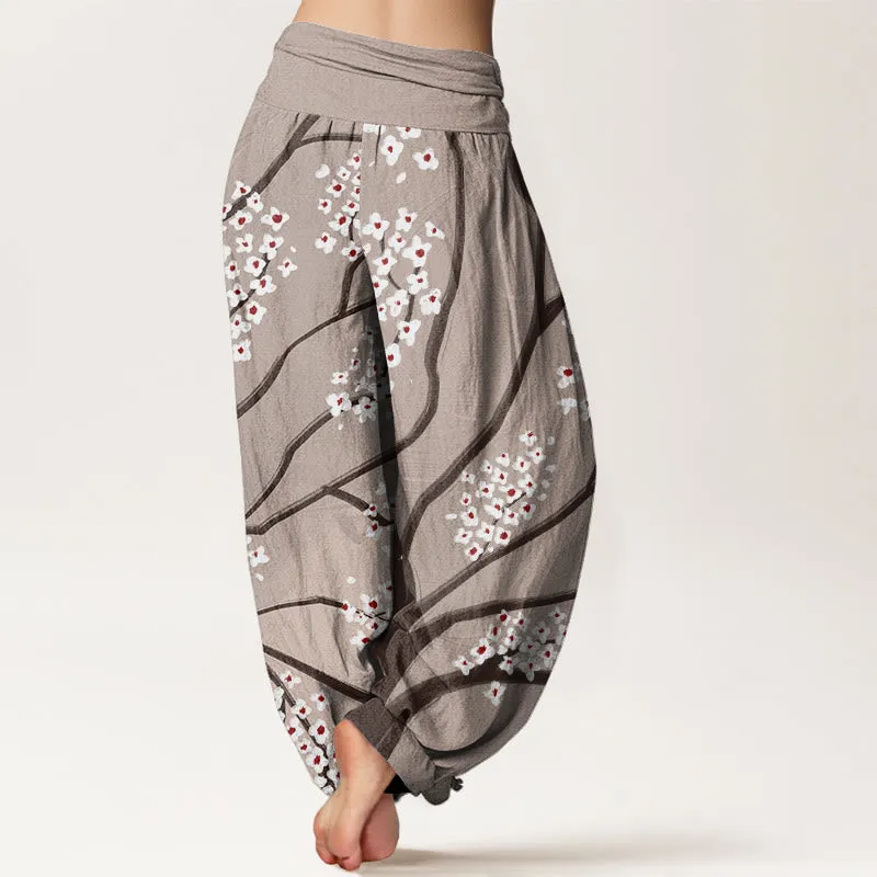 Buddha Stones Casual Plum Blossom Branch Pattern Women's Elastic Waist Harem Pants