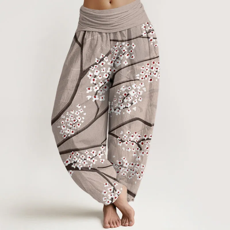Buddha Stones Casual Plum Blossom Branch Pattern Women's Elastic Waist Harem Pants