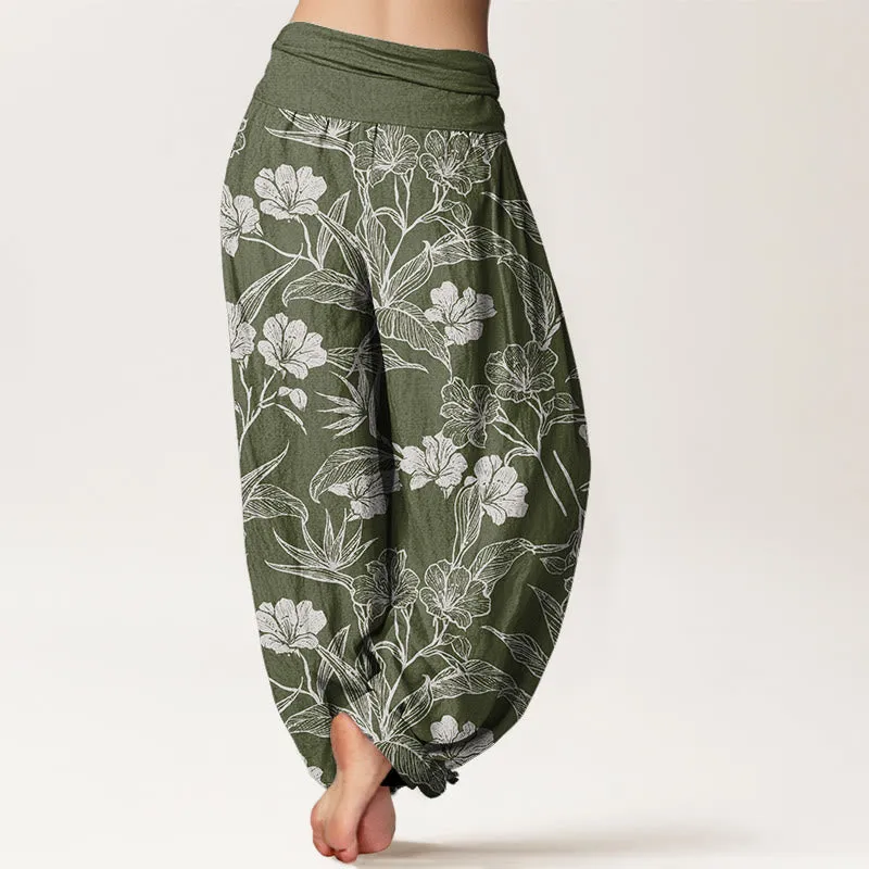 Buddha Stones Casual Plum Blossom Leaves Women's Elastic Waist Harem Pants