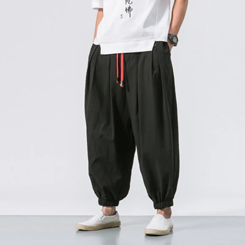 Buddha Stones Casual Sports Men's Solid Color Cotton Linen Drawstring Pants With Pockets