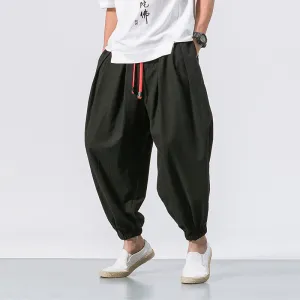 Buddha Stones Casual Sports Men's Solid Color Cotton Linen Drawstring Pants With Pockets
