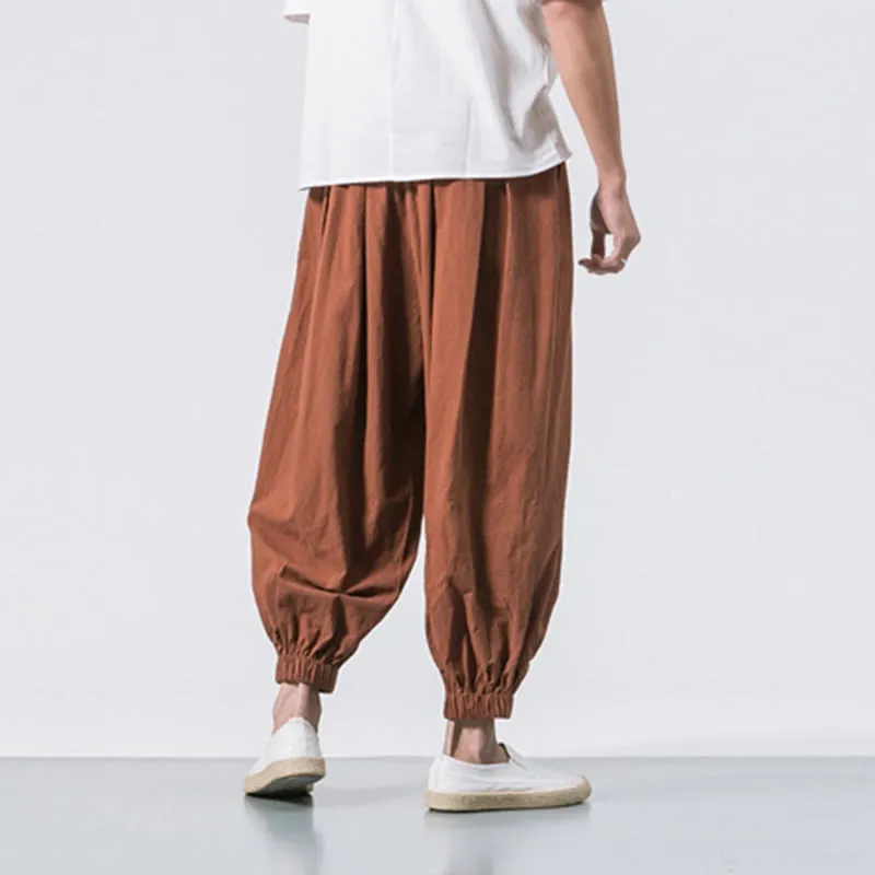 Buddha Stones Casual Sports Men's Solid Color Cotton Linen Drawstring Pants With Pockets