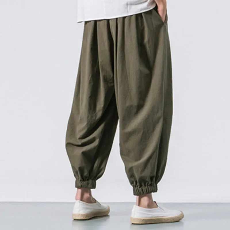 Buddha Stones Casual Sports Men's Solid Color Cotton Linen Drawstring Pants With Pockets