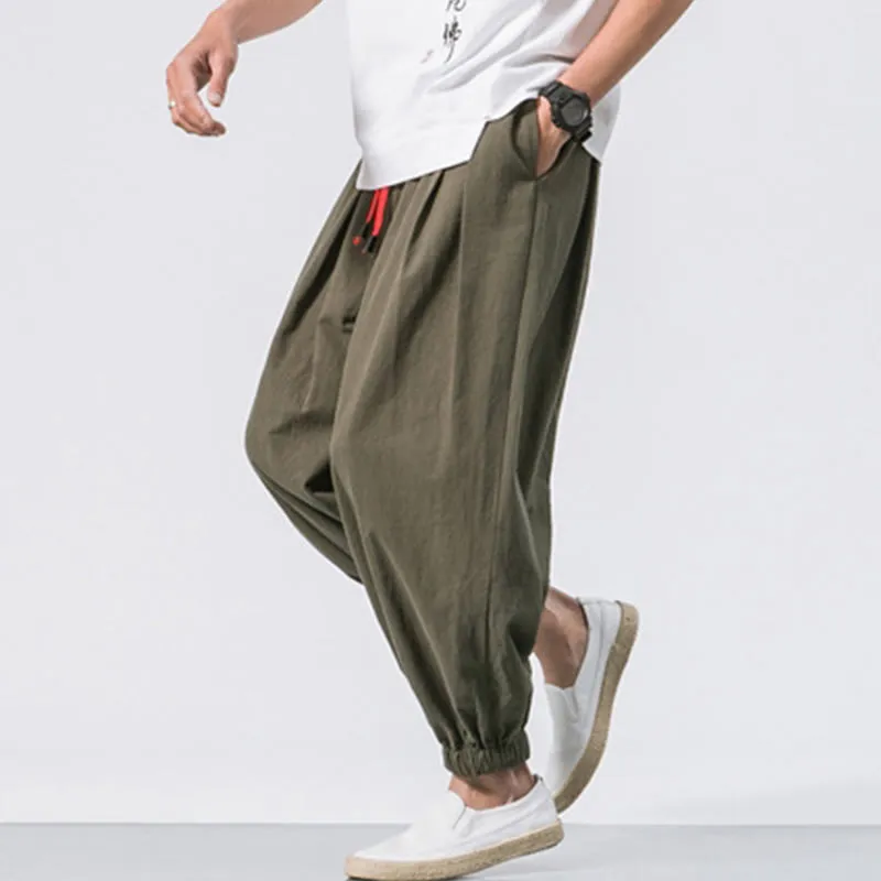 Buddha Stones Casual Sports Men's Solid Color Cotton Linen Drawstring Pants With Pockets