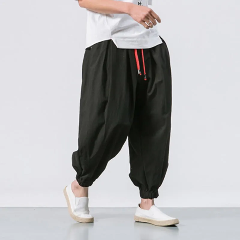 Buddha Stones Casual Sports Men's Solid Color Cotton Linen Drawstring Pants With Pockets