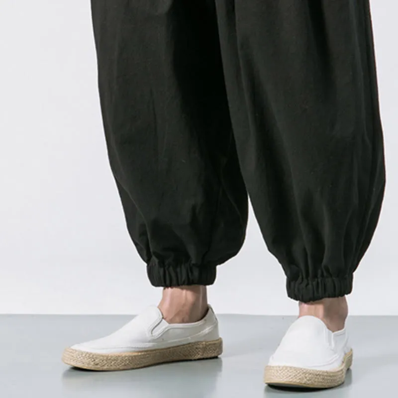 Buddha Stones Casual Sports Men's Solid Color Cotton Linen Drawstring Pants With Pockets