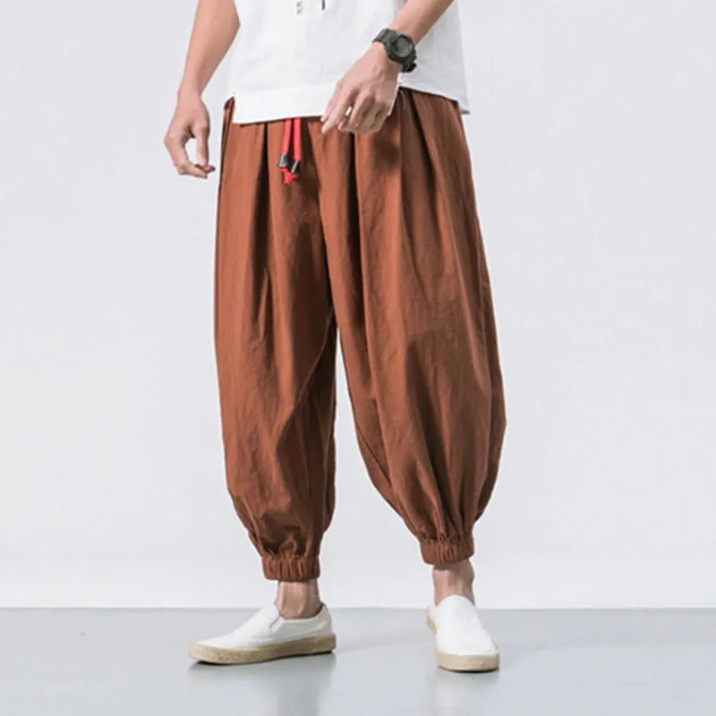 Buddha Stones Casual Sports Men's Solid Color Cotton Linen Drawstring Pants With Pockets