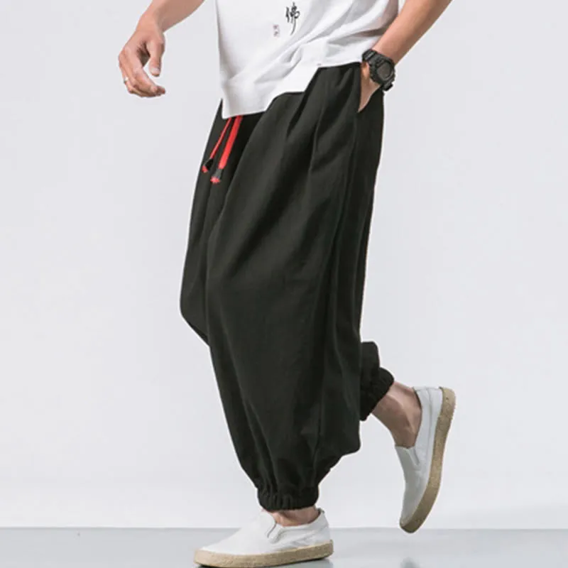Buddha Stones Casual Sports Men's Solid Color Cotton Linen Drawstring Pants With Pockets