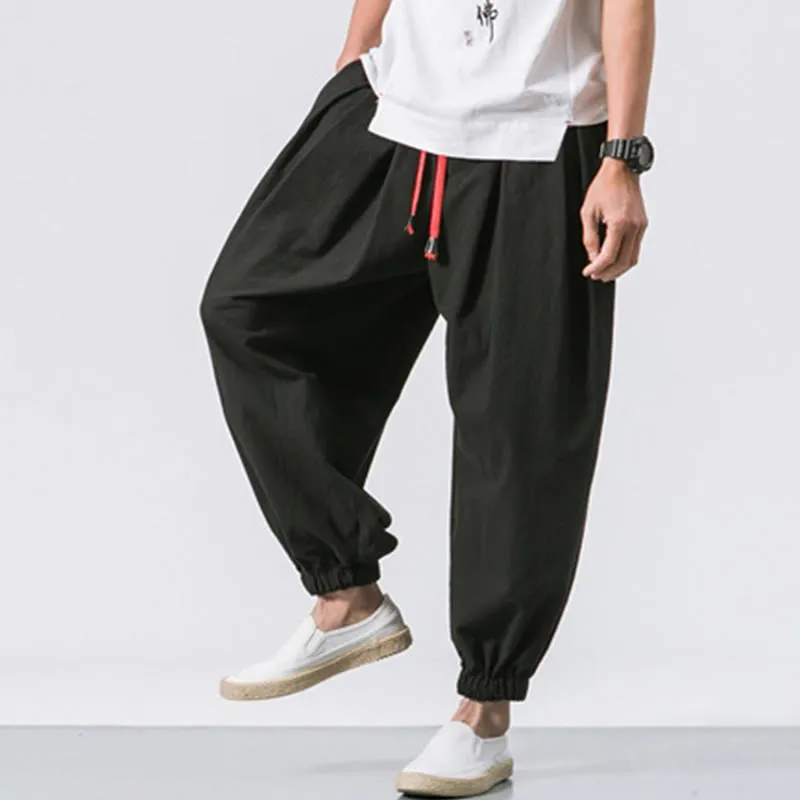 Buddha Stones Casual Sports Men's Solid Color Cotton Linen Drawstring Pants With Pockets