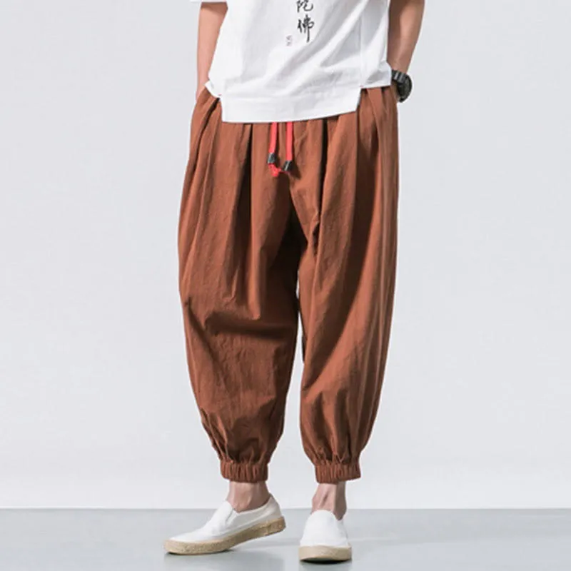 Buddha Stones Casual Sports Men's Solid Color Cotton Linen Drawstring Pants With Pockets