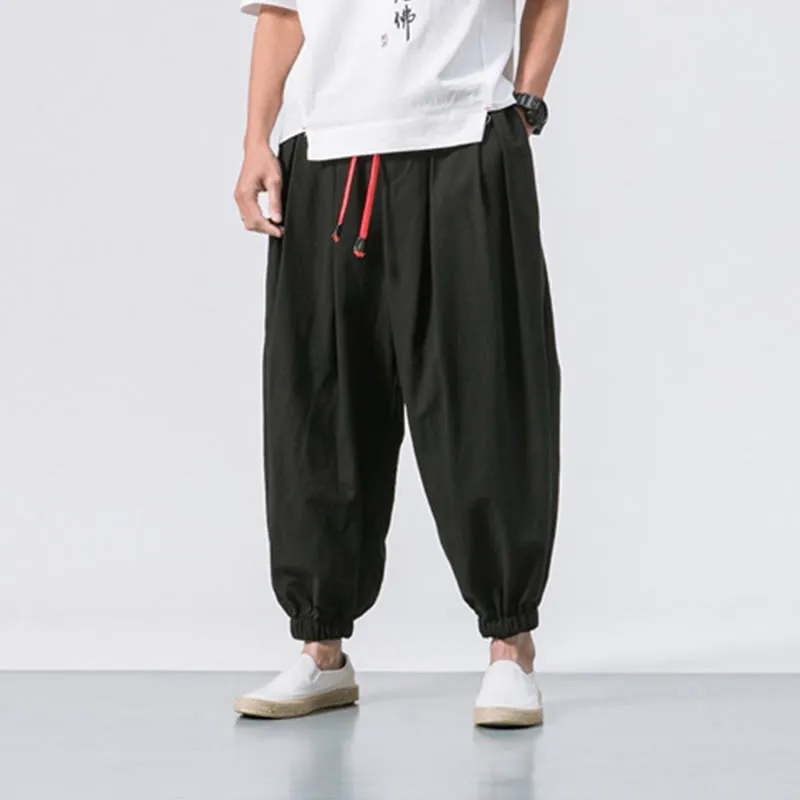 Buddha Stones Casual Sports Men's Solid Color Cotton Linen Drawstring Pants With Pockets