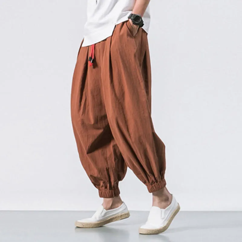 Buddha Stones Casual Sports Men's Solid Color Cotton Linen Drawstring Pants With Pockets