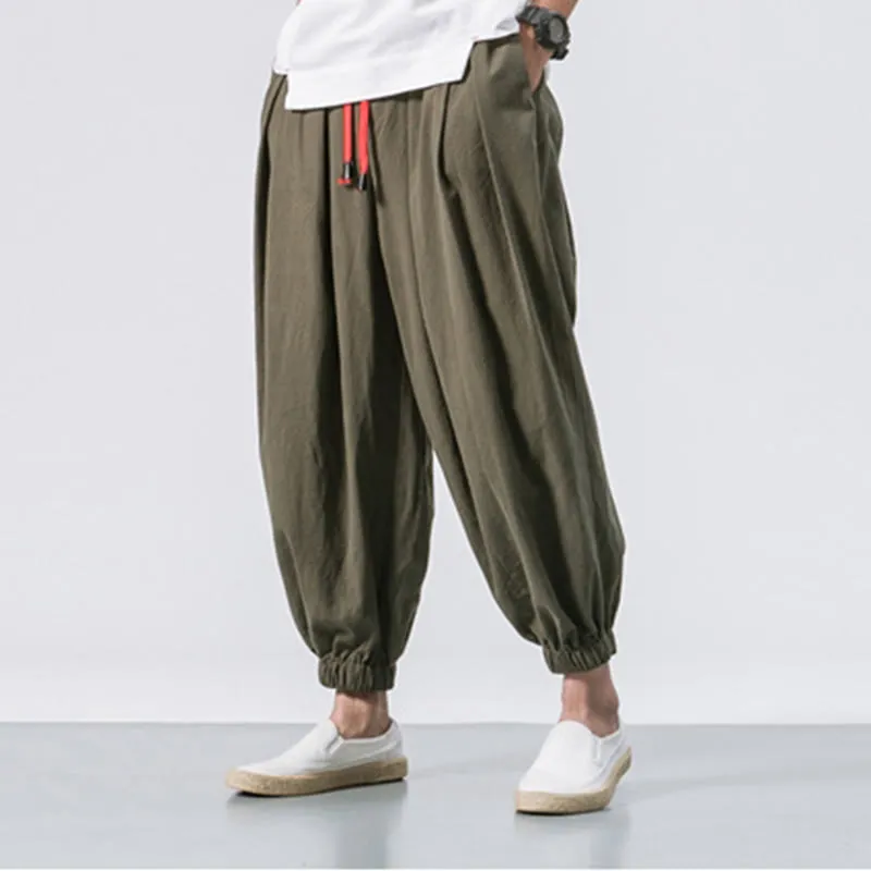 Buddha Stones Casual Sports Men's Solid Color Cotton Linen Drawstring Pants With Pockets