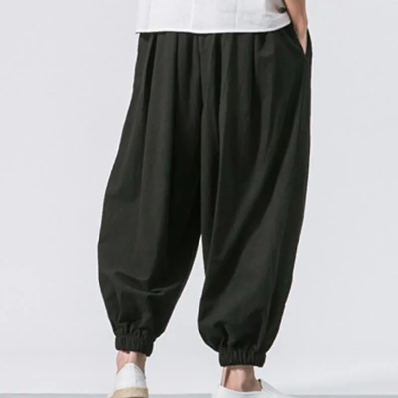 Buddha Stones Casual Sports Men's Solid Color Cotton Linen Drawstring Pants With Pockets