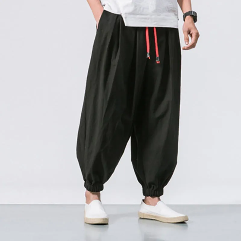 Buddha Stones Casual Sports Men's Solid Color Cotton Linen Drawstring Pants With Pockets