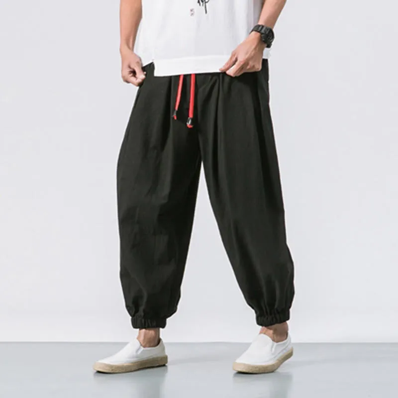 Buddha Stones Casual Sports Men's Solid Color Cotton Linen Drawstring Pants With Pockets