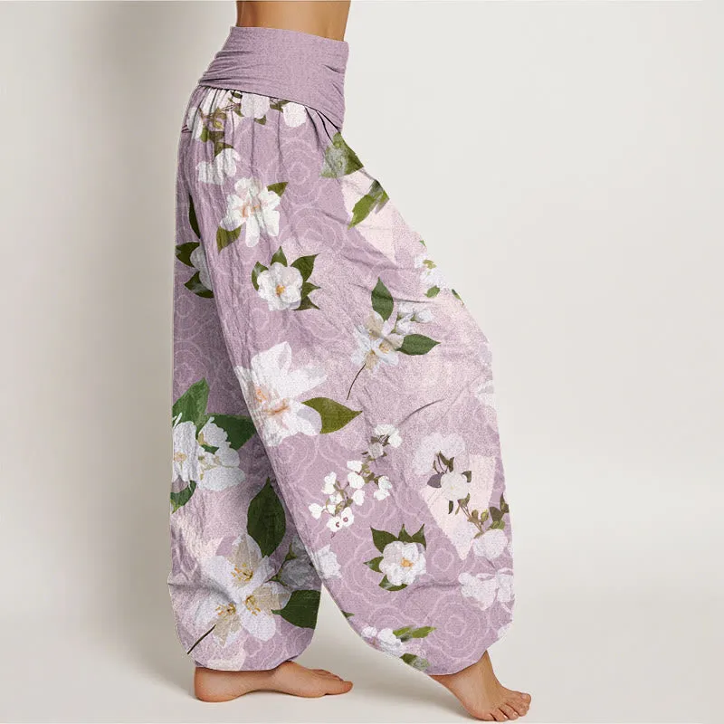 Buddha Stones Casual White Magnolia Flowers Leaves Women's Elastic Waist Harem Pants