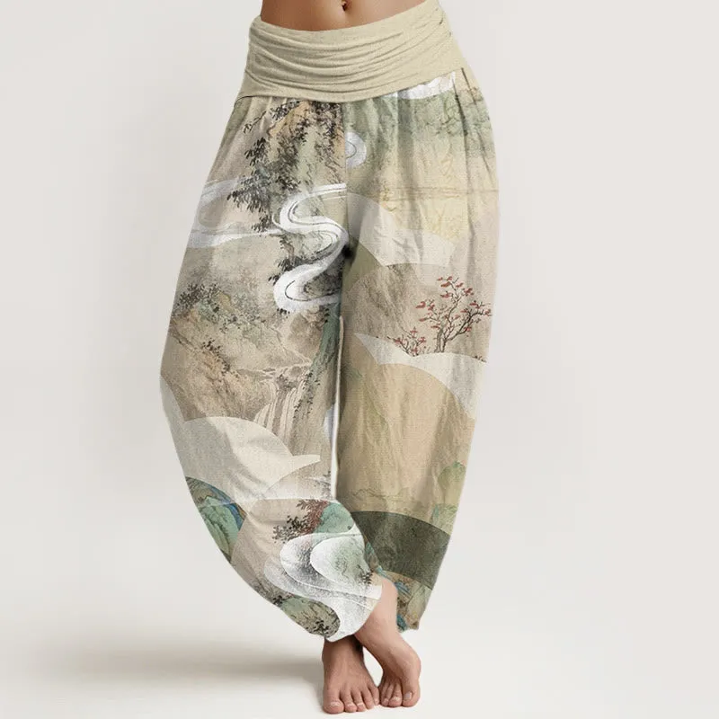 Buddha Stones Chinese Landscape Mountains Rivers Mist Design Women's Elastic Waist Harem Pants