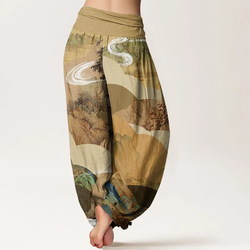 Buddha Stones Chinese Landscape Mountains Rivers Mist Design Women's Elastic Waist Harem Pants