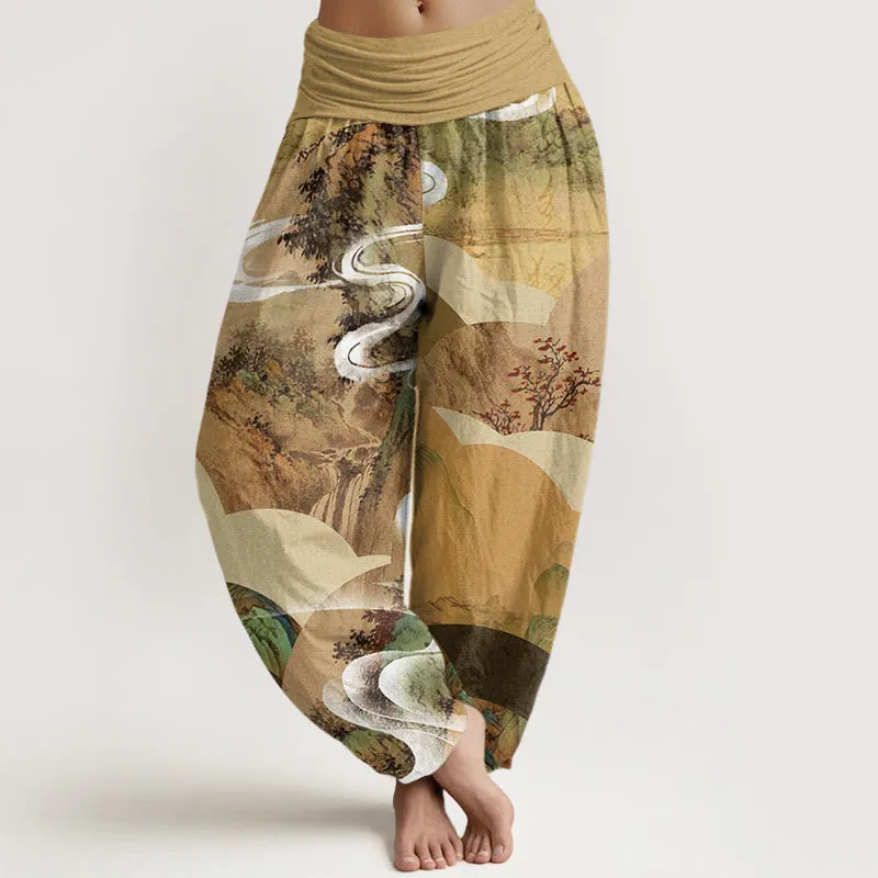 Buddha Stones Chinese Landscape Mountains Rivers Mist Design Women's Elastic Waist Harem Pants
