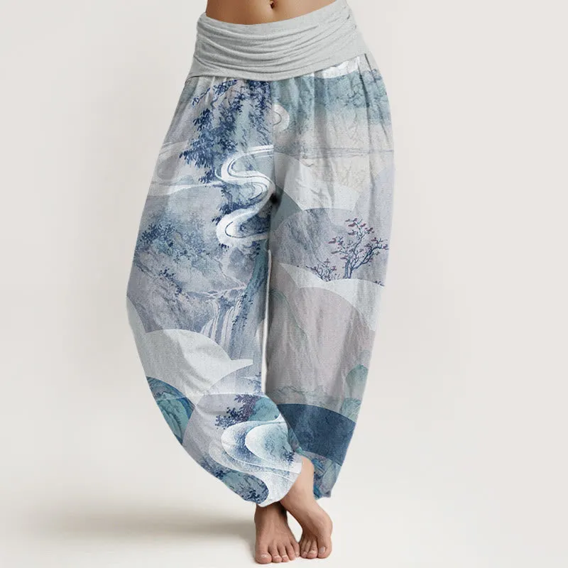 Buddha Stones Chinese Landscape Mountains Rivers Mist Design Women's Elastic Waist Harem Pants