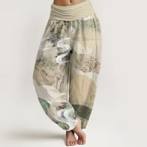 Buddha Stones Chinese Landscape Mountains Rivers Mist Design Women's Elastic Waist Harem Pants